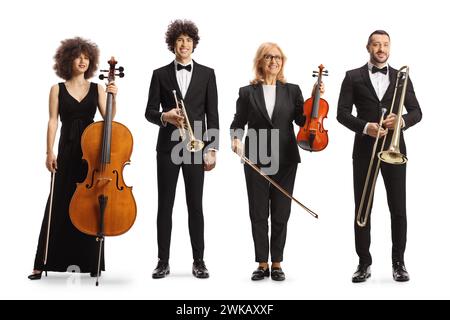 Gruop d'artistes de musique avec des instruments de musique, violoncelle, violon, trompette et trombone isolé sur fond blanc Banque D'Images