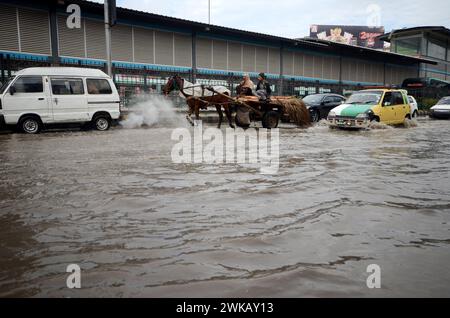 Peshawar, Peshawar, Pakistan. 19 février 2024. Des tempêtes de pluie ont frappé la ville pakistanaise de PeshawarPESHAWAR, PAKISTAN, 17 FÉVRIER : des gens tentent de déplacer une route inondée après que des tempêtes de pluie ont frappé la ville pakistanaise de Peshawar le 17 février. (Crédit image : © Hussain Ali/ZUMA Press Wire) USAGE ÉDITORIAL SEULEMENT! Non destiné à UN USAGE commercial ! Crédit : ZUMA Press, Inc/Alamy Live News Banque D'Images
