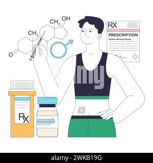 Transition entre les sexes. Expérience thérapeutique d'affirmation de genre. Hormonothérapie à vie. Homme trans avec prescription d'hormone de testostérone. Soins médicaux transgenres. Illustration vectorielle plate Illustration de Vecteur