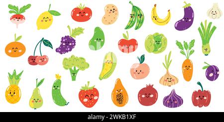 Ensemble de fruits et légumes mignons dessinés à la main dans le style kawaii. Nourriture fraîche saine pleine de vitamines, personnages drôles d'enfants. Illustration de Vecteur