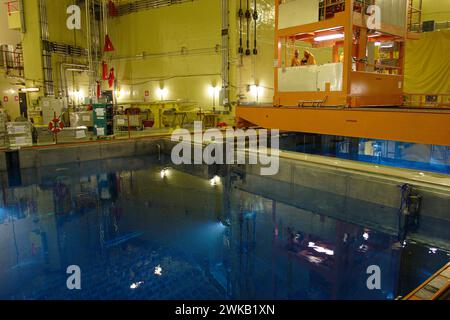 Piscine de combustible usé (SFP) de la centrale nucléaire d'Angra II - environ un quart à un tiers de la charge totale de combustible d'un réacteur est retiré du cœur tous les 12 à 24 mois et remplacé par du combustible frais - les barres de combustible usé génèrent une chaleur intense et un rayonnement dangereux cela doit être contenu pendant que le combustible est déplacé du réacteur et manipulé dans la piscine. L'eau de la piscine de combustible est refroidie en continu pour éliminer la chaleur produite par les assemblages de combustible usé. Central Nuclear Almirante Álvaro Alberto Complex, Angra dos Reis, État de Rio de Janeiro, Brésil. Banque D'Images