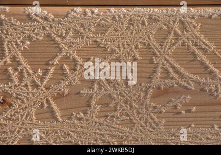 Texture en bois brun avec des motifs de gel blanc. Fond d'hiver. Banque D'Images