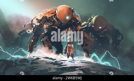 La mécanicienne debout devant ses robots, style art numérique, peinture d'illustration Banque D'Images