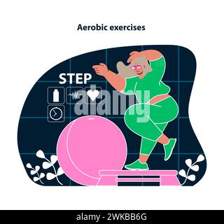 Exercices aérobiques en VR. Boostez votre santé cardio avec des entraînements virtuels par étapes. Un mélange de fitness énergisant et de technologie. Améliorez votre jeu d'entraînement à domicile. Illustration vectorielle plate. Illustration de Vecteur