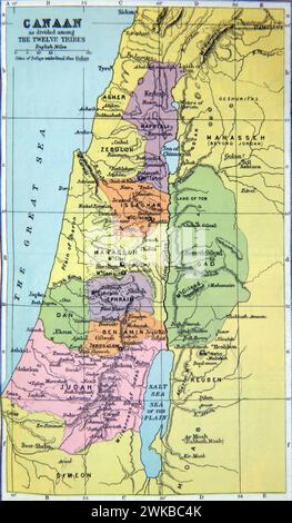 Vieille carte de Canaan comme divisé entre les douze tribus dans la Sainte Bible Banque D'Images