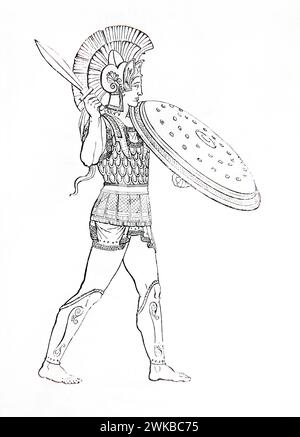 Illustration du guerrier grec historique en armure de l'ancienne Bible de famille illustrée du XIXe siècle Banque D'Images