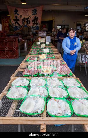 Maquereau et calmars séchés à vendre dans un magasin de fruits de mer à Numaza, préfecture de Shizuoka, Japon. Banque D'Images