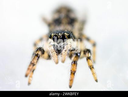 Araignée sauteuse (Salticus cingulatus), vue de face, Allemagne Banque D'Images