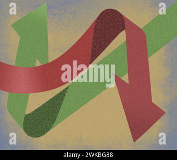 Des flèches de marché boursier, l'une indiquant le haut et l'autre pointant vers le bas sont visibles dans une illustration 3D remplie de canon sur les marchés monétaires de Wall Street et le Banque D'Images