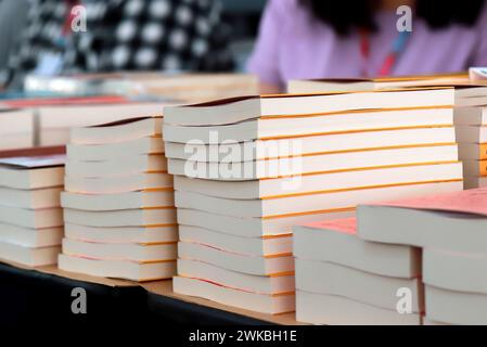 Livre, blocs-notes, blocs-notes se trouvent sur la fenêtre de la librairie, dans la bibliothèque, à l'exposition de livre sur fond d'étagères avec des livres Banque D'Images