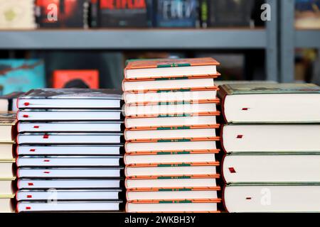 Livre, blocs-notes, blocs-notes se trouvent sur la fenêtre de la librairie, dans la bibliothèque, à l'exposition de livre sur fond d'étagères avec des livres Banque D'Images