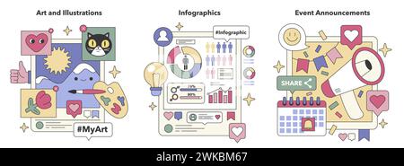 Ensemble engagement créatif. Partage d'art, visualisation de données et promotion d'événements. Engagez le public, présentez des informations et annoncez des activités. Illustration vectorielle plate Illustration de Vecteur