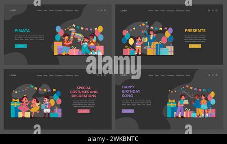 Ensemble anniversaire enfant. Enfants de différents âges célébrant des anniversaires, discutant et jouant. Délice dans le gâteau, le frisson de cadeaux et le plaisir du jeu de pinata. Sourires partagés et moments festifs. Vecteur plat Illustration de Vecteur