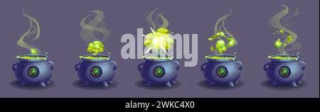Magic Witch chaudron halloween animation de jeu. Kit d'illustration de séquence d'évaporation de fumée de nuage de vapeur vert. Potion de cuisson avec explosion de bulles spr Illustration de Vecteur