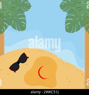 Paysage tropical avec lunettes de soleil et chapeau sur la plage avec des palmiers. Vue de face. Copier l'espace. EPS. Concept de conception pour cartes, affiches, bannières, brochures ou web, coupon, promo ou publicité, tag Illustration de Vecteur