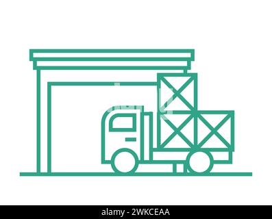 Petit entrepôt avec boîtes et camion. Icône de contour isolé sur fond blanc. Partie intégrante de la chaîne d'approvisionnement. Illustration vectorielle. Illustration de Vecteur