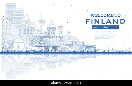Dessinez les gratte-ciel de la Finlande avec des bâtiments bleus et des reflets. Illustration vectorielle. Concept à l'architecture historique et moderne. Illustration de Vecteur