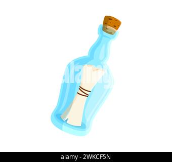 Bouteille de dessin animé avec message. Flacon en verre transparent vecteur isolé, scellé hermétiquement avec un liège, enferme un parchemin roulé. Objet d'aventure de jeu de pirate, bouteille en verre mystérieuse, jeté par la mer Illustration de Vecteur