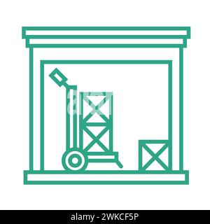 Petit entrepôt avec boîtes et chariot à colis. Icône de contour isolé sur fond blanc. Partie intégrante de la chaîne d'approvisionnement. Illustration vectorielle. Illustration de Vecteur