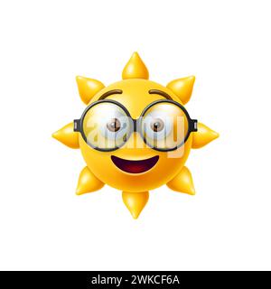 emoji soleil 3d, cool et mignon caractère ensoleillé jaune dans des verres. Émoticône vectoriel isolé qui brille de manière éclatante tout en portant des lunettes élégantes. Personnage intelligent, ludique, charmant avec un visage adorable Illustration de Vecteur