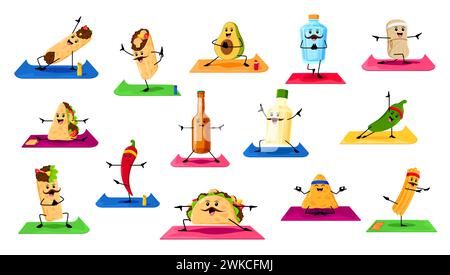 Dessins animés tex mex personnages mexicains de nourriture et de boissons sur le yoga fitness. Taco drôles, burrito, nachos et personnages vectoriels quesadilla. Piment, avocat, tequila, tamale et enchilada faire des exercices Illustration de Vecteur