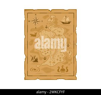 Carte des trésors de pirates de dessins animés. Vector a porté parchemin vintage fantaisie avec la mer, la terre, les îles des Caraïbes, le monstre, la rose du vent de boussole et les voiliers. Ancienne carte d'aventure médiévale, ancienne et isolée en papier Illustration de Vecteur