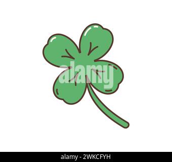 Trèfle de trèfle de trèfle hippie rétro de dessin animé. Plante verte quatrefoil avec des vibrations nostalgiques et vintage des années 80. Vecteur isolé symbole de chance, célébrations irlandaises, festivals, folklore et St. Patricks Day Illustration de Vecteur