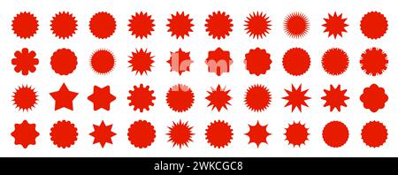 Étiquettes de prix de vente, autocollants et sceaux rouges Straburst. Ensemble vectoriel isolé de rosettes et de rafales de soleil, légende ou éclaboussure, timbres, étiquettes et badges. Patchs circulaires avec bords dentelés pour la publicité promotionnelle Illustration de Vecteur