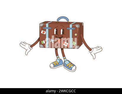 Dessin animé rétro valise de voyage groovy personnage. Bagage vintage vecteur isolé, orné d'autocollants de vacances. Personnage charmant avec de grands yeux expressifs et un large sourire accueillant, prêt à voyager Illustration de Vecteur