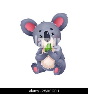 Le koala de bande dessinée est un personnage d'ours béant grignotée sur une feuille d'eucalyptus. Animal australien vectoriel isolé avec des yeux ronds et une expression faciale joviale capturant la joie d'un repas savoureux Illustration de Vecteur