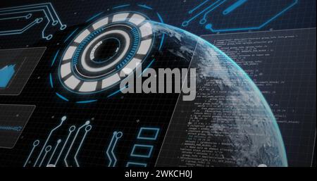 Image des oscilloscopes balayant au-dessus de la grille bleue avec la planète Terre Banque D'Images