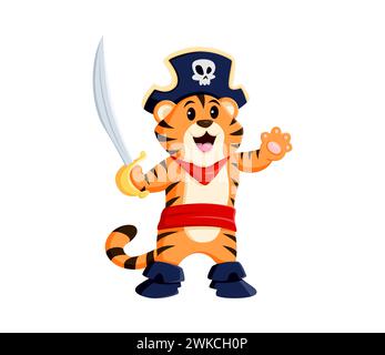 Personnage animal pirate tigre de dessin animé. Vecteur isolé féroce, swashbuckling, chat de la jungle rayé, personnage mignon dans le chapeau de capitaine avec un crâne, brandissant un sabre brillant, prêt pour des aventures en haute mer Illustration de Vecteur