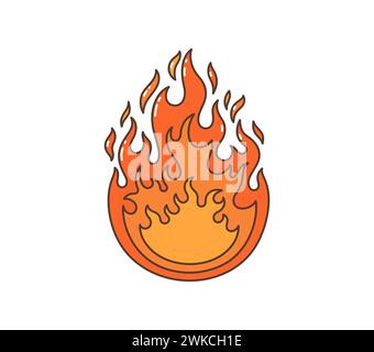 Dessins animés rétro groovy Hippie flammes de feu. Vecteur isolé vibrant, flambeau psychédélique, symbole de l'esprit libre et de l'énergie des années 1960, mélangeant les couleurs orange, rouge et jaune et fluides, les langues ondulées Illustration de Vecteur