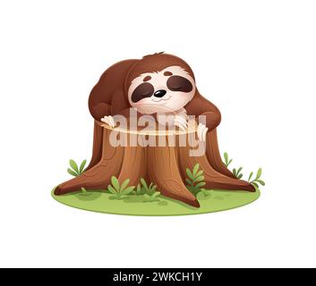 Personnage animal paresseux de paresseux de dessin animé dormant sur le moignon. Vector mignon personnage tropical dormir paisiblement sur le talon d'arbre, ses yeux fermés et un sourire de contenu sur son visage, exprimer la détente et la tranquillité Illustration de Vecteur