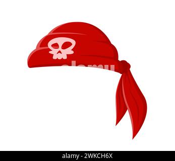 Bandana de pirate marin de bande dessinée, coiffure textile corsaire rouge avec emblème de crâne. Foulard de tête de marin vectoriel isolé, mouchoir rover vintage, costume de filibuster signifie swashbuckling esprit buccaneer Illustration de Vecteur