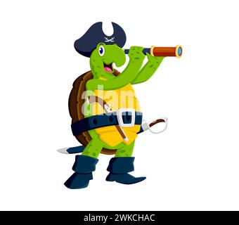 Personnage animal corsaire tortue pirate de bande dessinée, orné d'un chapeau de tricorne, regarde attentivement à travers un espion, un cutlass niché dans sa coquille. Vecteur isolé capitaine de reptile mignon et drôle Illustration de Vecteur
