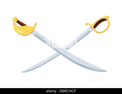 Bande dessinée croisée des sabres pirates. Deux sabres corsaires avec lames croisées. Épées brillantes vectorielles isolées, symbole des combats de swashbuckling, de la guerre, du danger, des aventures et des voyages audacieux en haute mer Illustration de Vecteur