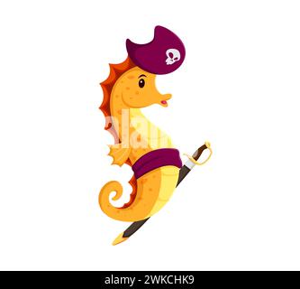 Personnage animal pirate hippocampe de dessin animé. Personnage isolé d'hippocampe courageux vecteur avec un chapeau de tricorne et un cutlass, naviguant sur les vagues, recherchant des trésors sous-marins et des aventures sur le fond de la mer Illustration de Vecteur