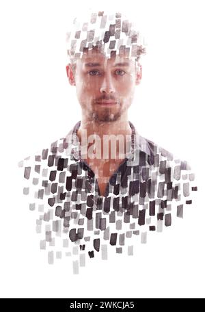 Un portrait masculin de peinture double exposition se décolore dans l'arrière-plan Banque D'Images