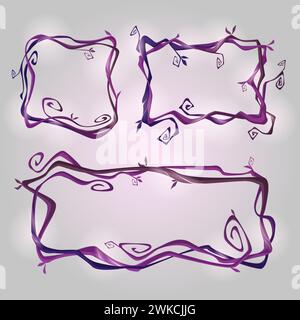 Vignes de liane sèches effrayantes avec des branches luisantes et torsadées en forme de cadre carré et rectangulaire pour la conception de l'interface utilisateur du jeu. Ensemble d'illustration vectorielle de dessin animé de la frontière violette effrayante de la jungle magique. Illustration de Vecteur