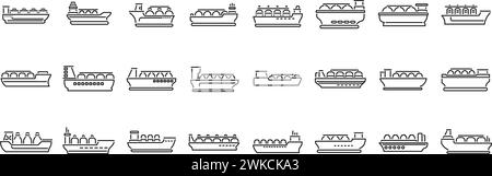 Vecteur de contour défini pour les icônes de navire de transporteur de gaz. Port de terminal d'énergie. Industrie des bateaux de mer Illustration de Vecteur