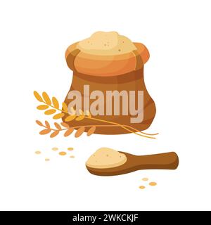 Farine dans un sac en toile de jute avec une pelle en bois. Sac avec farine de blé, grains, épis de blé. Balle de farine dans le style de bande dessinée. Illustration vectorielle isolée sur fond blanc. Illustration de Vecteur