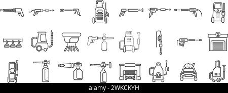 Les icônes de nettoyeur haute pression définissent le vecteur de contour. Mousse pour lave-auto. Nettoyage à l'eau savonneuse Illustration de Vecteur