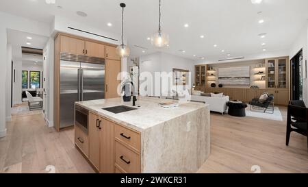 Une cuisine spacieuse avec parquet et murs blancs Banque D'Images