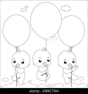 Bébés avec des ballons dans le ciel. Fête de douche de bébé nouveau-né. Page de coloriage noir et blanc vectoriel. Illustration de Vecteur
