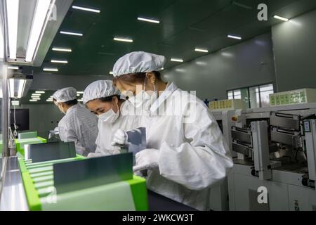 HEFEI, CHINE - 20 FÉVRIER 2024 - des travailleurs produisent des plaquettes de silicium photovoltaïque dans un atelier d'une entreprise de plaquettes de silicium photovoltaïque dans la circulaire Hefei Banque D'Images