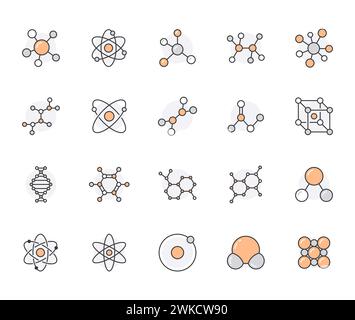 Jeu d'icônes de la ligne plate de la molécule. Science de la chimie, structure moléculaire, illustrations de vecteur de protéine de cellule d'adn de laboratoire chimique. Panneaux de contour Illustration de Vecteur