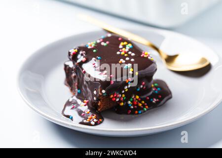 Morceau de gâteau au brownie au chocolat classique avec des pépites colorées. Banque D'Images