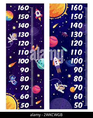 Règles de graphique de hauteur pour enfants avec des planètes spatiales de galaxie, des étoiles, des vaisseaux spatiaux et des astronautes. Graphique de croissance vectorielle, mesurant l'échelle de la règle avec les personnages spatiaux de l'univers de galaxie de bande dessinée et le paysage spatial Illustration de Vecteur