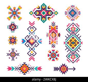 Motifs tribaux folkloriques mexicains et ornements de couleur ethnique avec des éléments géométriques vectoriels. Motifs indiens amérindiens, aztèques, navajo et mayas, motifs boho, fleurs, rayures, ornements triangulaires Illustration de Vecteur